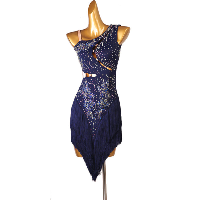 Customisable-Women's Performance Sleeveless Blue Tassels Latin Salsa Dance Dress Competition Dress
