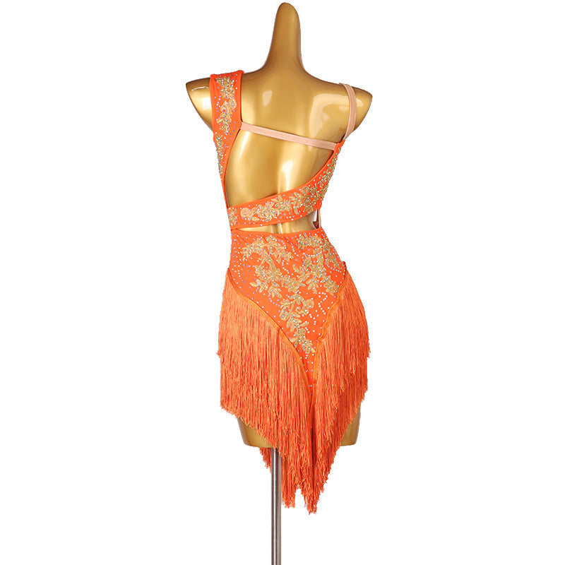 Customisable-Women's Performance Sleeveless Orange Tassels Latin Salsa Dance Dress Competition Dress