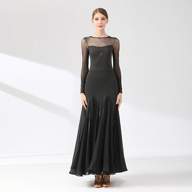 Women's Long Sleeve Lace Hollow-out Ballroom Dance Dress Modern Dress Dance Wear