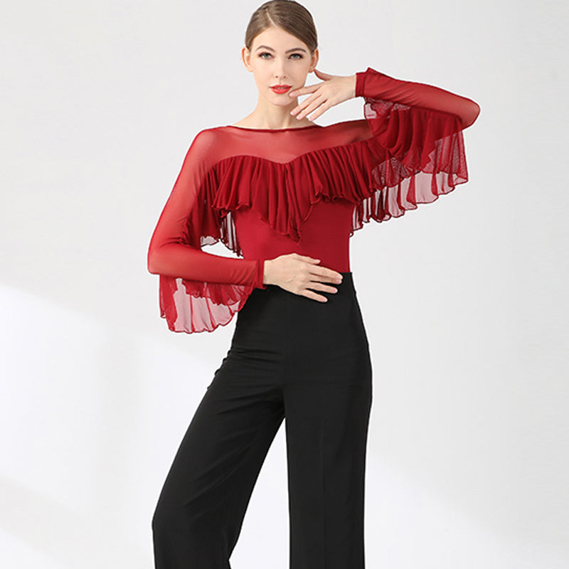 Women's Long Sleeve Ruffle Lace Latin Dance Tops Dance Bodysuit Dance Wear
