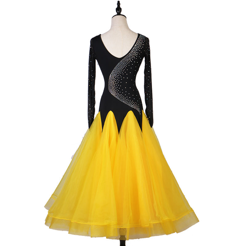 Customisable-Women's Long Sleeve Diamond Waltz Ballroom Dance Competition Modern Dance Large Swing Dress