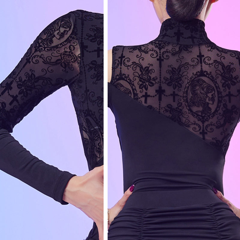 CONNY Women's Mesh Leopard Latin Dance Top Long Sleeve Dance Bodysuit Dance Wear
