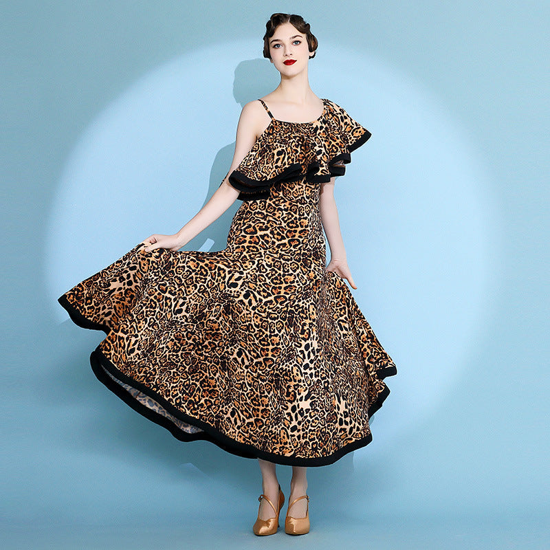 Women's Leopard Print Modern Dance Performance Dress Waltz Ballroom Dance Dress