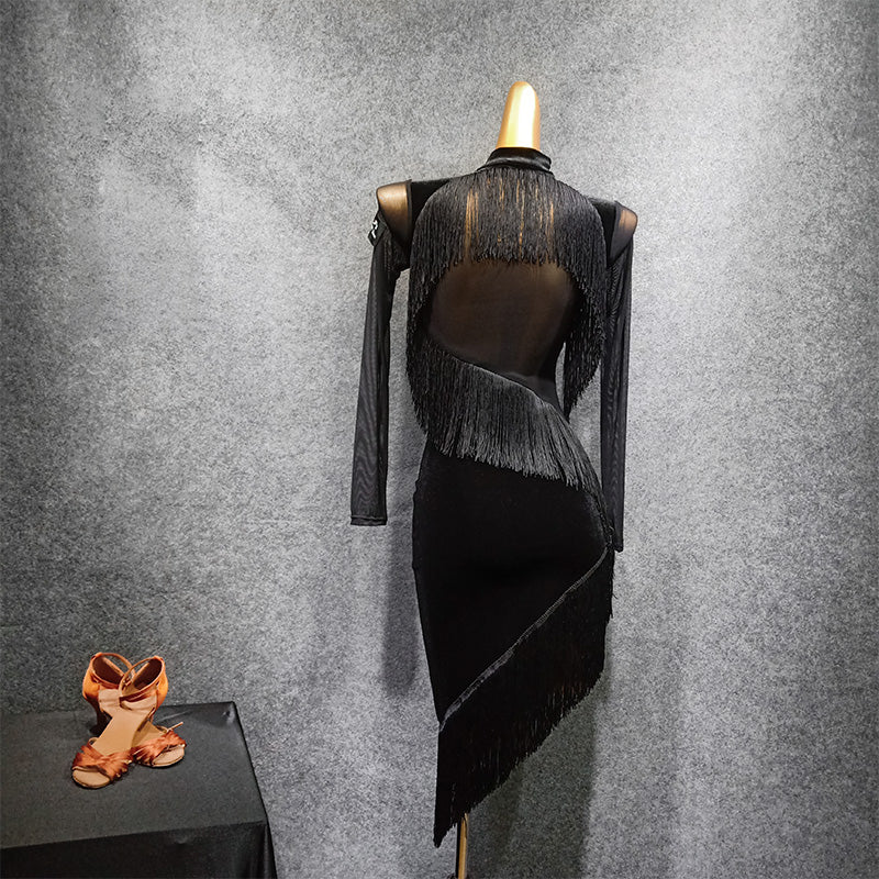 Women's Black Velvet Tassel Latin Dance Dress Dance Wear Training Performance Dress