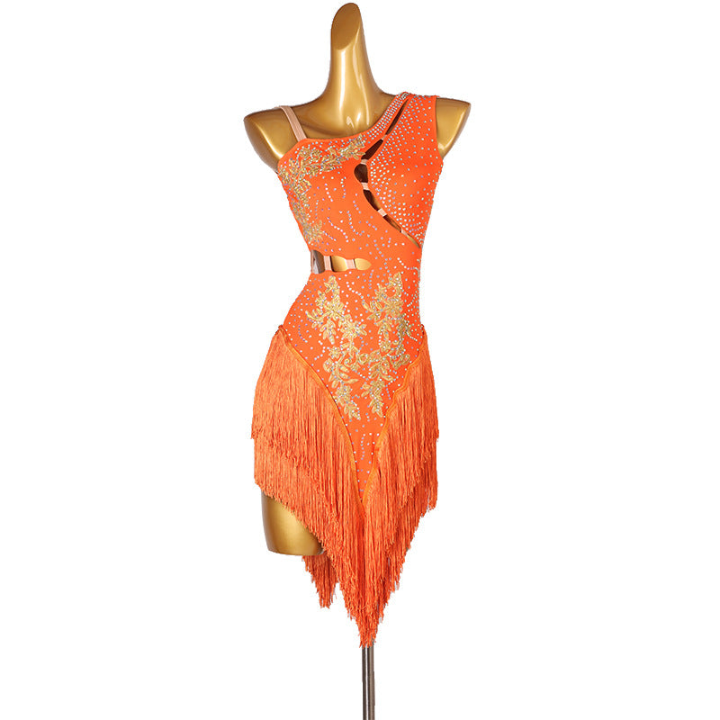 Customisable-Women's Performance Sleeveless Orange Tassels Latin Salsa Dance Dress Competition Dress