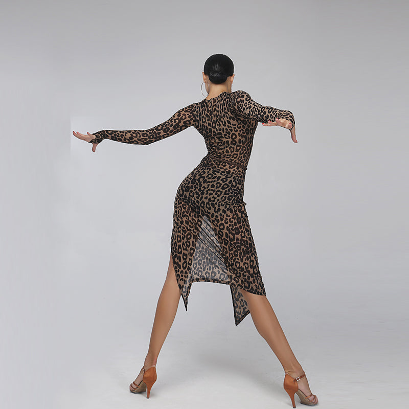 Women's Leopard Print Milk Silk Fabric Latin Dance Dress Rumba Chacha Samba Cowboy Bullfight Dance Wear