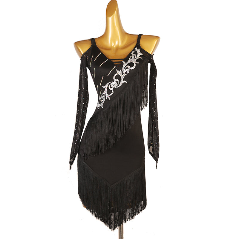 Customisable-Women's Long Sleeve Tassel DanceWear Dance Dress Performance Wear