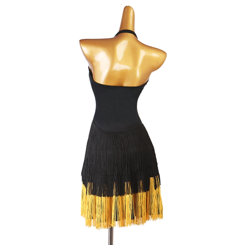 Customisable-Women's Black Tassel Sleeveless Performance Latin Dance Dress Dance Wear