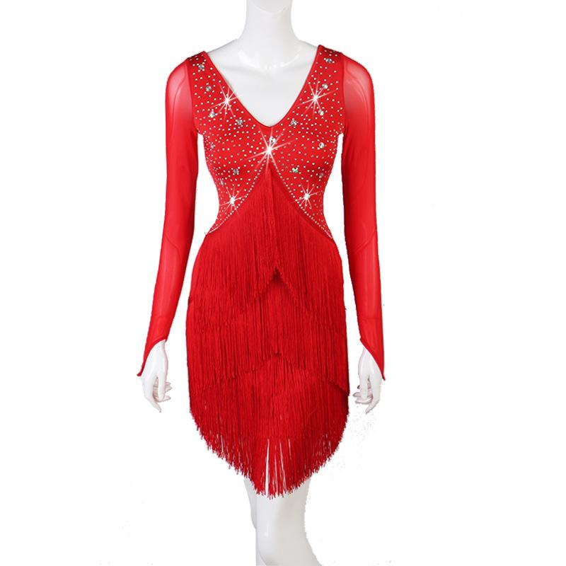 Customisable-Spandex Encrypted tassel Crystals Latin Dance Dress Competition Dress Performance Dress
