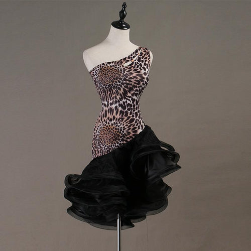 Customisable-Sexy Leopard print one-shoulder Latin Dance Dress Competition Dress Performance Dress