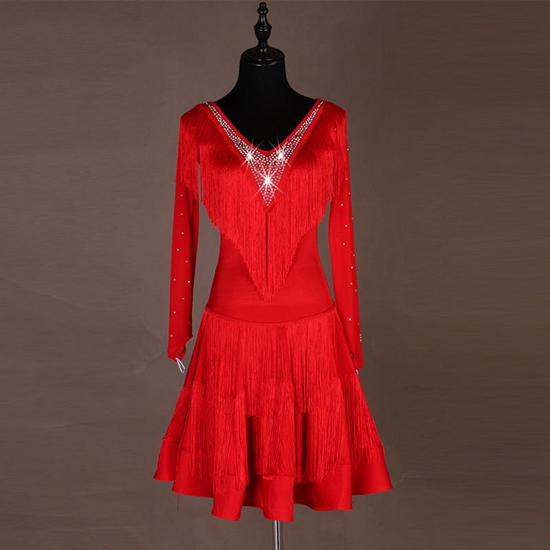 Customisable-Spandex Tassel V-neck Latin Dance Dress Competition Dress Performance Dress