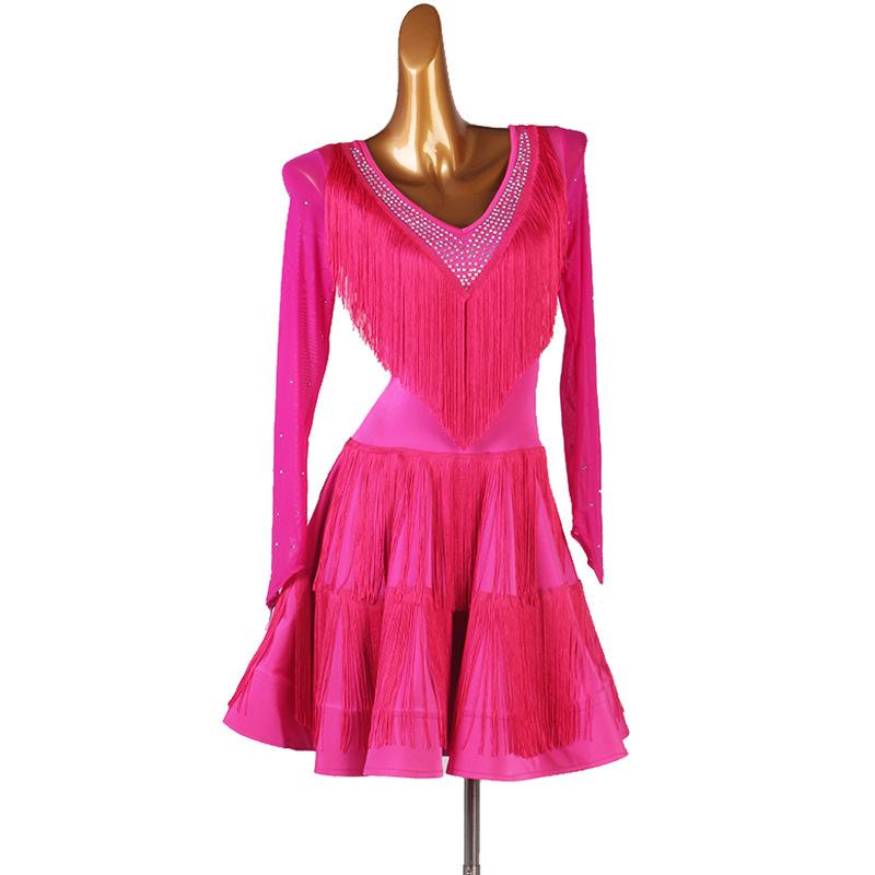 Customisable-Spandex Tassel V-neck Latin Dance Dress Competition Dress Performance Dress