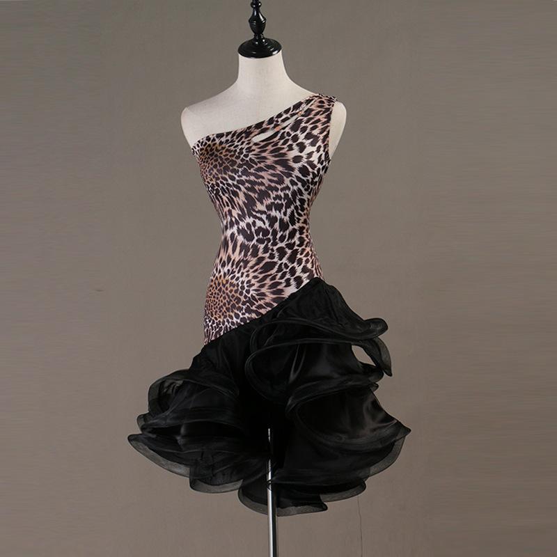 Customisable-Sexy Leopard print one-shoulder Latin Dance Dress Competition Dress Performance Dress