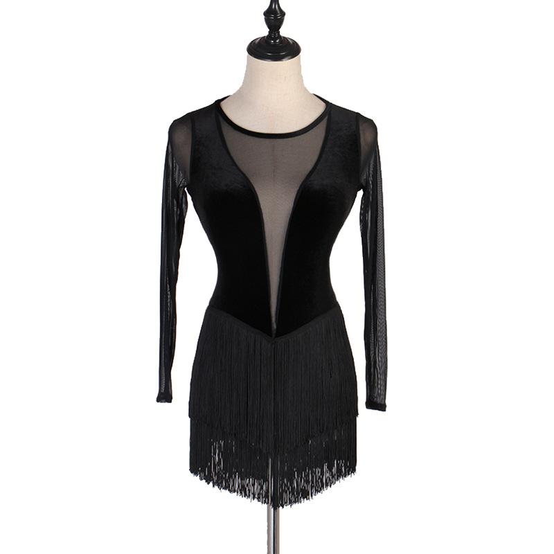 Customisable-Spandex Sexy Tassels See-through Latin Dance Dress Competition Performance Dress