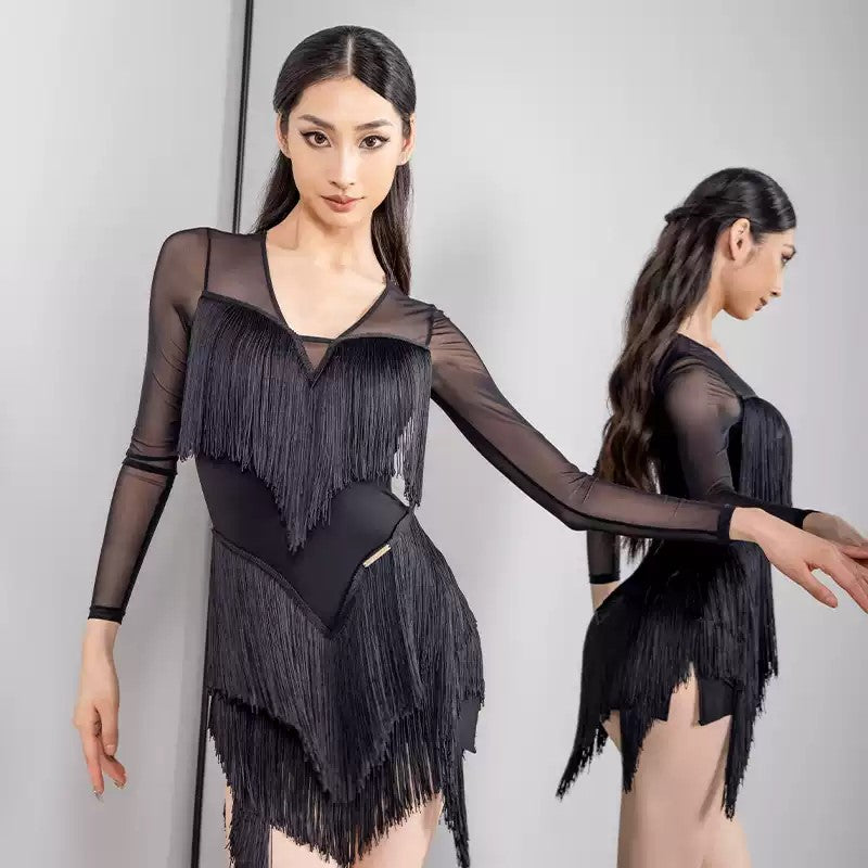 YES Women's Tassel V Neck Dress Dance Wear Training Performance Dress