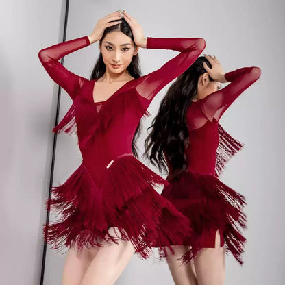 YES Women's Tassel V Neck Dress Dance Wear Training Performance Dress