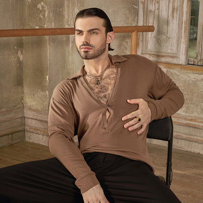 Z Men's Long Sleeve V Neck Latin Dance Tops Dance Wear