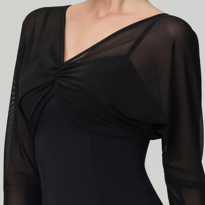 Customisable-Women's V Neck Long Sleeve Waltz Modern Ballroom Dance Dress Competition Dresses