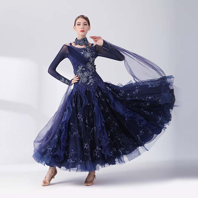 Women's Long Sleeve Navy Blue Lace Diamond Waltz Ballroom Dance Competition Modern Dance Large Swing Dress