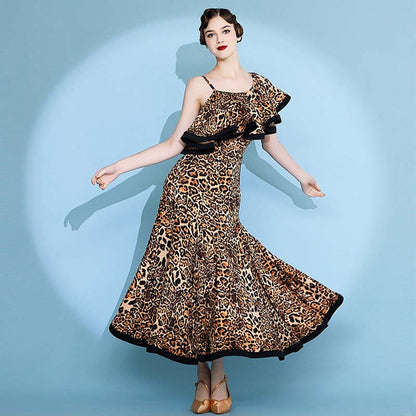 Women's Leopard Print Modern Dance Performance Dress Waltz Ballroom Dance Dress