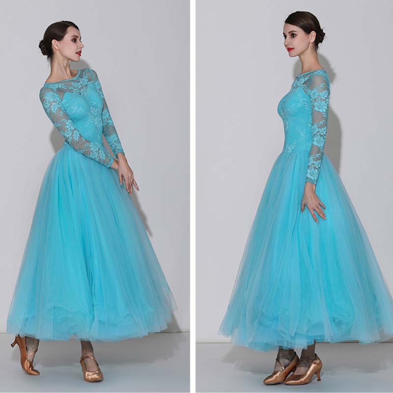Women's Skyblue Round Neck Lace Modern Ballroom Dance Dress Swing Dress Training Performance Dress
