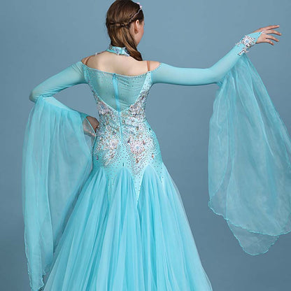Customisable-Women's Rhinestones Blue Modern Waltz Dress Ballroom Dance Dress Swing Dress Competition Dress