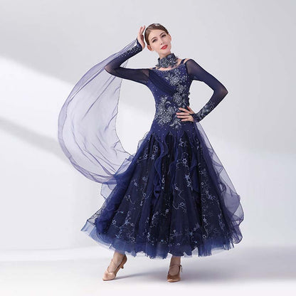 Women's Long Sleeve Navy Blue Lace Diamond Waltz Ballroom Dance Competition Modern Dance Large Swing Dress