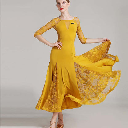 Women's Long Sleeve Lace Modern Dance Dresses Ballroom Dance costume Big Swing Dress