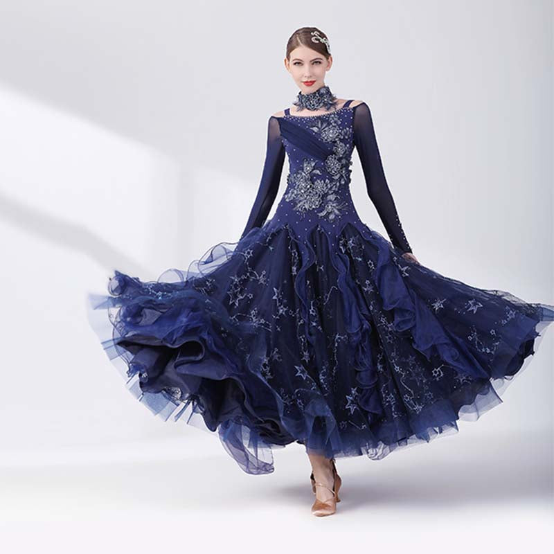 Women's Long Sleeve Navy Blue Lace Diamond Waltz Ballroom Dance Competition Modern Dance Large Swing Dress