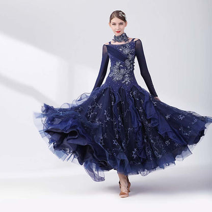 Women's Long Sleeve Navy Blue Lace Diamond Waltz Ballroom Dance Competition Modern Dance Large Swing Dress