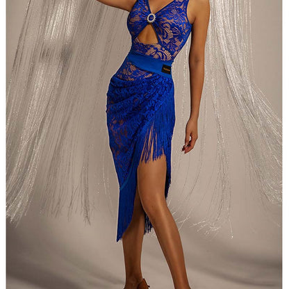 WJJ Women's Lace Tassels Latin Dance Skirt Dance Wear Training Performance Dress