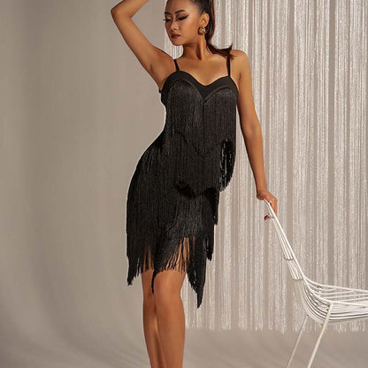 WJJ Women's Black Tassel Latin Dress Dance Wear Training Performance Dress