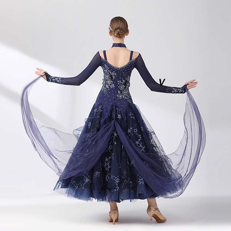 Women's Long Sleeve Navy Blue Lace Diamond Waltz Ballroom Dance Competition Modern Dance Large Swing Dress