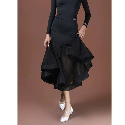 HC-Women's Black ,Mesh Swing Modern Ballroom Waltz Dance Skirts