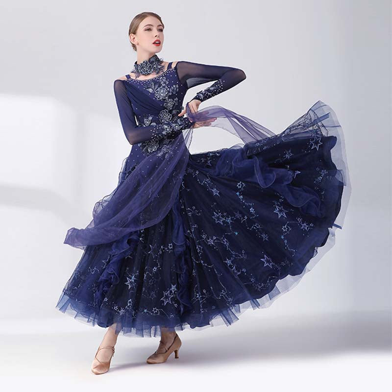 Women's Long Sleeve Navy Blue Lace Diamond Waltz Ballroom Dance Competition Modern Dance Large Swing Dress