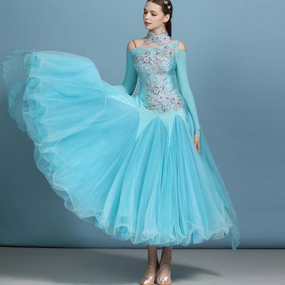 Customisable-Women's Rhinestones Blue Modern Waltz Dress Ballroom Dance Dress Swing Dress Competition Dress