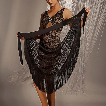 WJJ Women's Lace Tassels Latin Dance Skirt Dance Wear Training Performance Dress