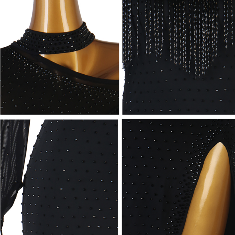 Customisable-Women's Black Sequin Tassel One-Shoulder Rumba Latin Dance Dresses Performance Dresses