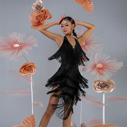 WJJ Women's Milk Silk Halter Tassel Latin Dance Dress Training Performance Dress