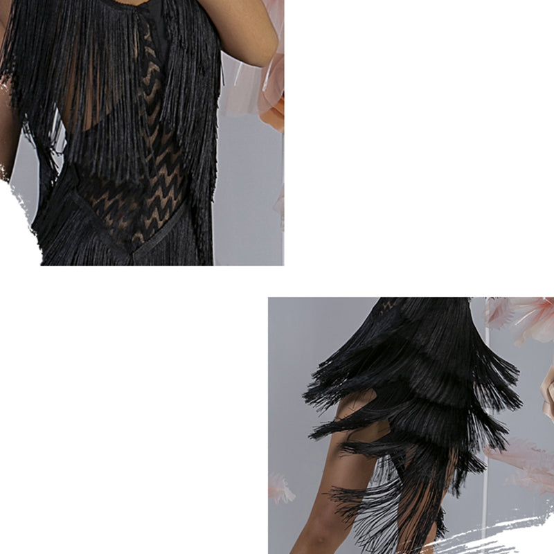 WJJ Women's Milk Silk Halter Tassel Latin Dance Dress Training Performance Dress
