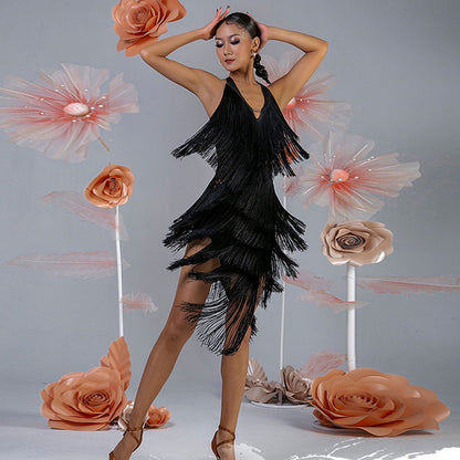WJJ Women's Milk Silk Halter Tassel Latin Dance Dress Training Performance Dress