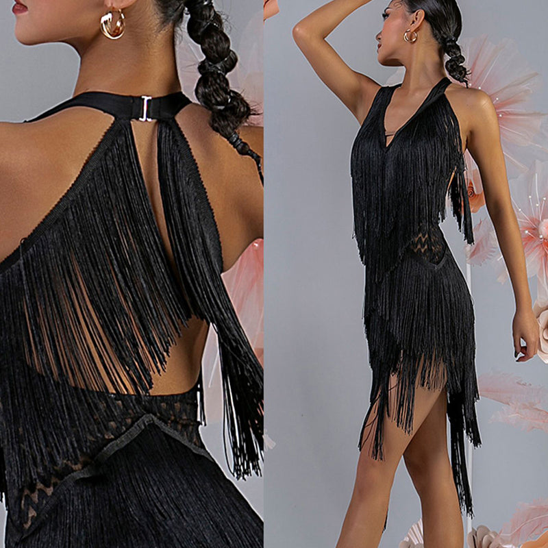 WJJ Women's Milk Silk Halter Tassel Latin Dance Dress Training Performance Dress