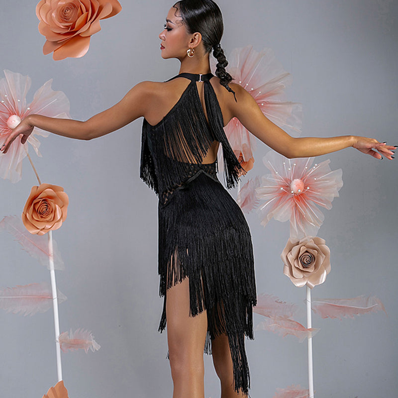 WJJ Women's Milk Silk Halter Tassel Latin Dance Dress Training Performance Dress