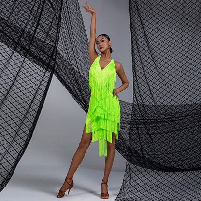 WJJ Women's Milk Silk Halter Tassel Latin Dance Dress Training Performance Dress