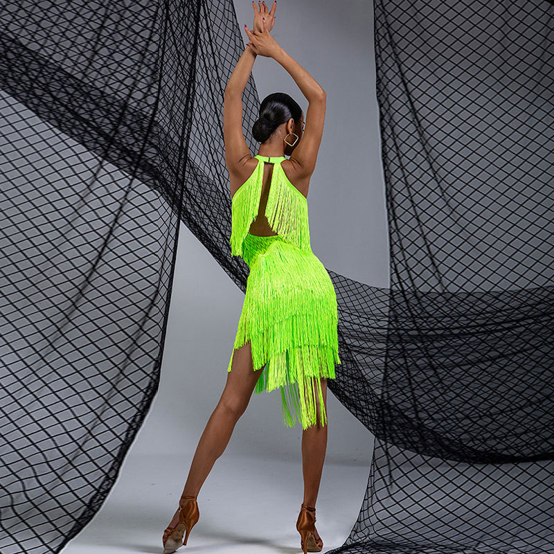 WJJ Women's Milk Silk Halter Tassel Latin Dance Dress Training Performance Dress