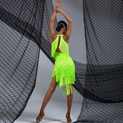 WJJ Women's Milk Silk Halter Tassel Latin Dance Dress Training Performance Dress
