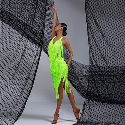 WJJ Women's Milk Silk Halter Tassel Latin Dance Dress Training Performance Dress
