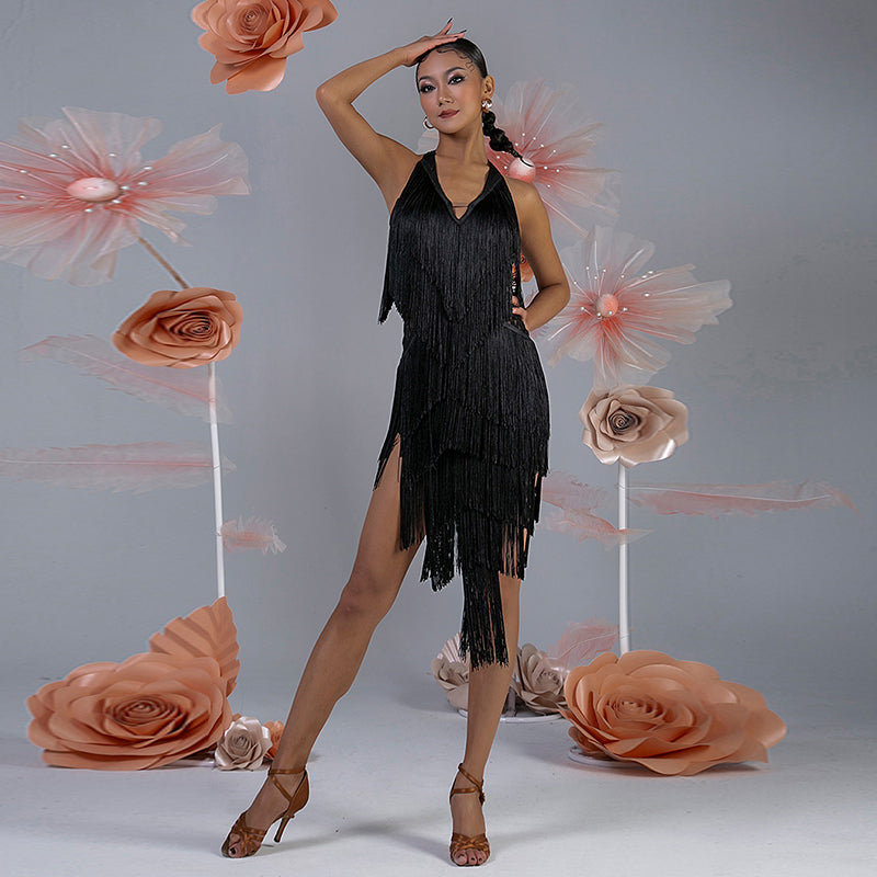 WJJ Women's Milk Silk Halter Tassel Latin Dance Dress Training Performance Dress