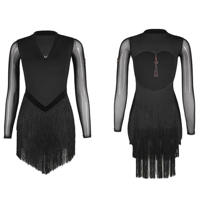 WJJ Women's Milk Silk Long Sleeve Tassel Latin Dance Dress Training Performance Dress