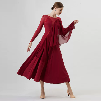 YUN Customisable-Women's Long Sleeve  Mesh Round Neck Diamonds Waltz Modern Ballroom Dance Dress Competition Dresses